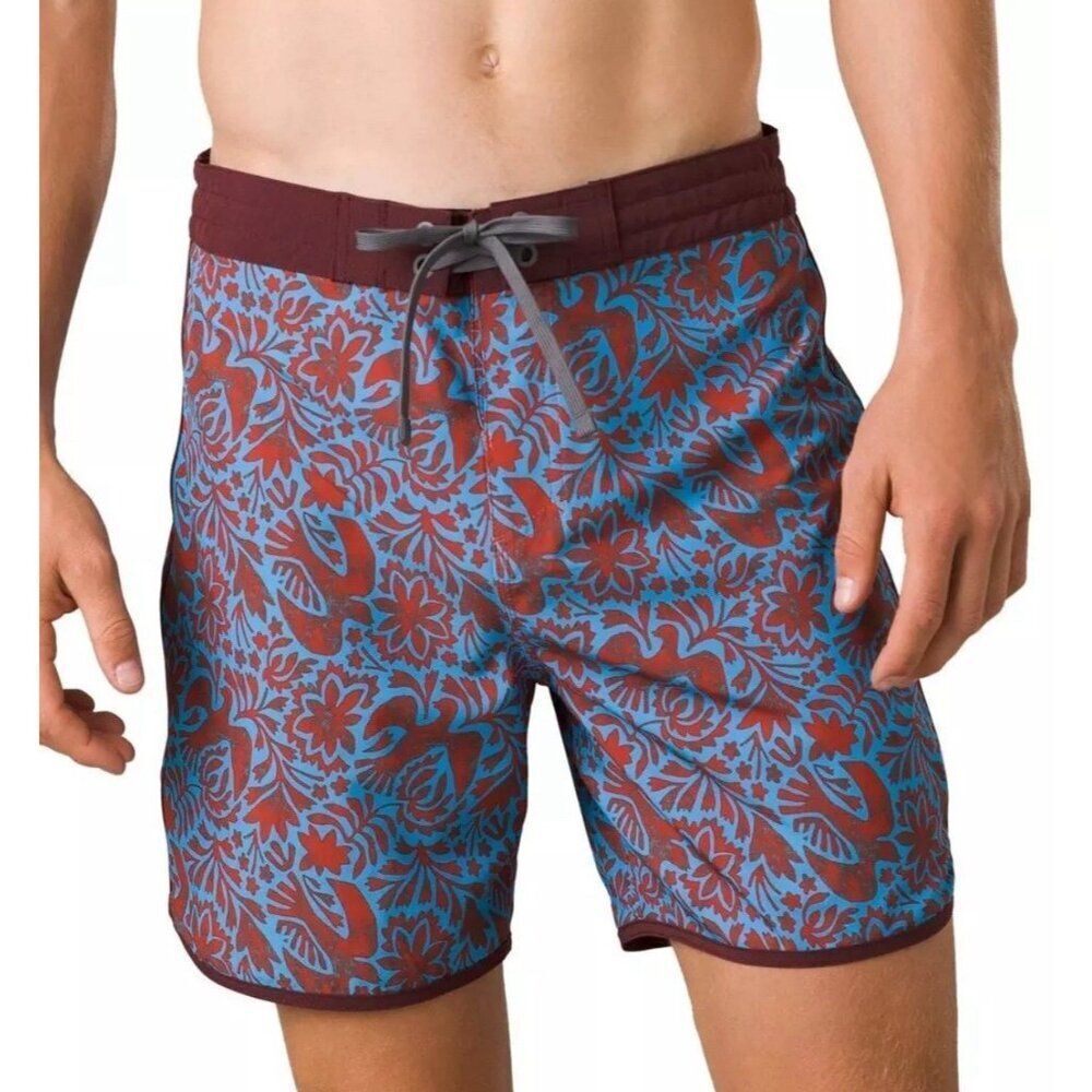 prAna Size 28 Rust Flora Fauna 8” Vintage Swim Boardshort Swimming Trunks Q3-9